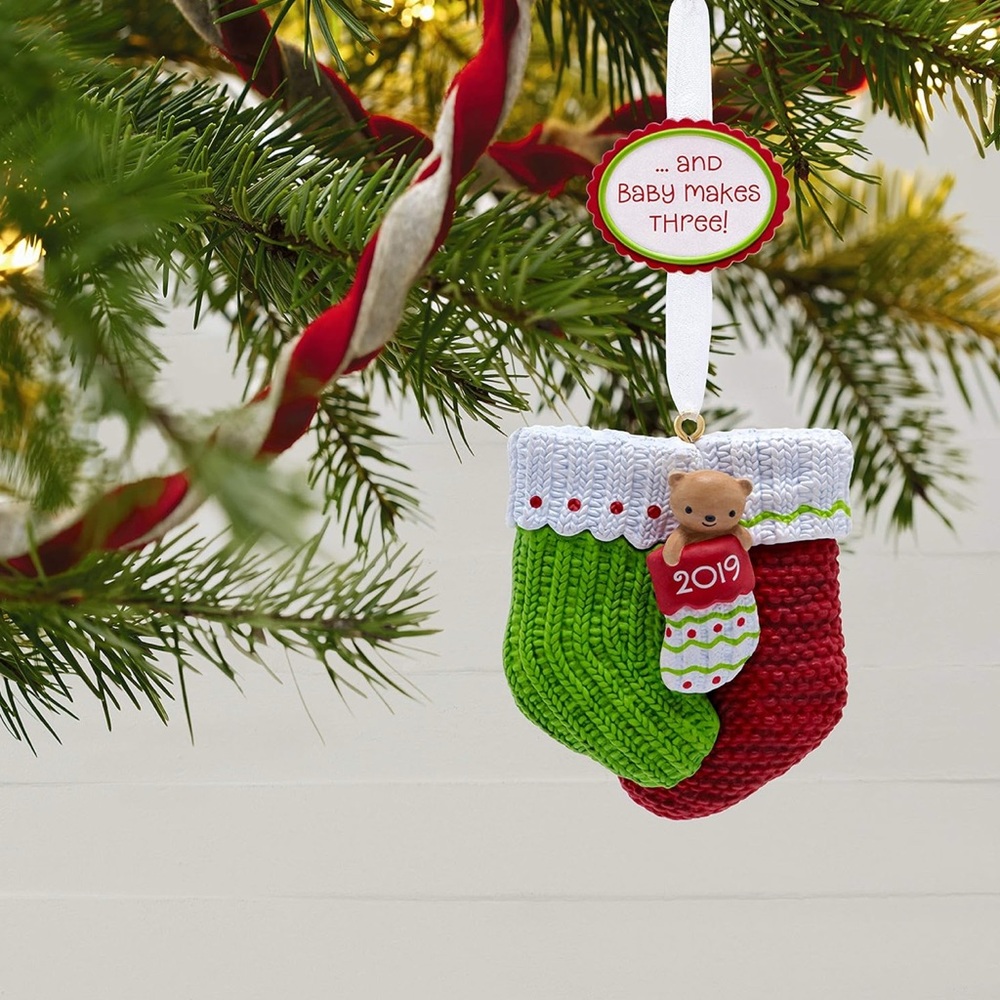 Hallmark Keepsake 2019 Year Dated Baby Makes 3 First Christmas Stocking Ornament